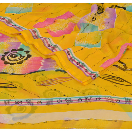 Sanskriti Vintage Yellow Sarees Blend Georgette Printed Sari Craft 5 Yard Sustainable Fabric