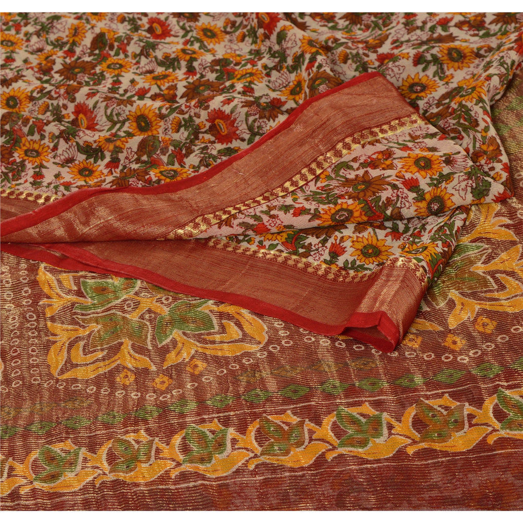 Sanskriti Vintage Dark Red Saree Blend Georgette Printed Sari Craft 5 Yd Fabric