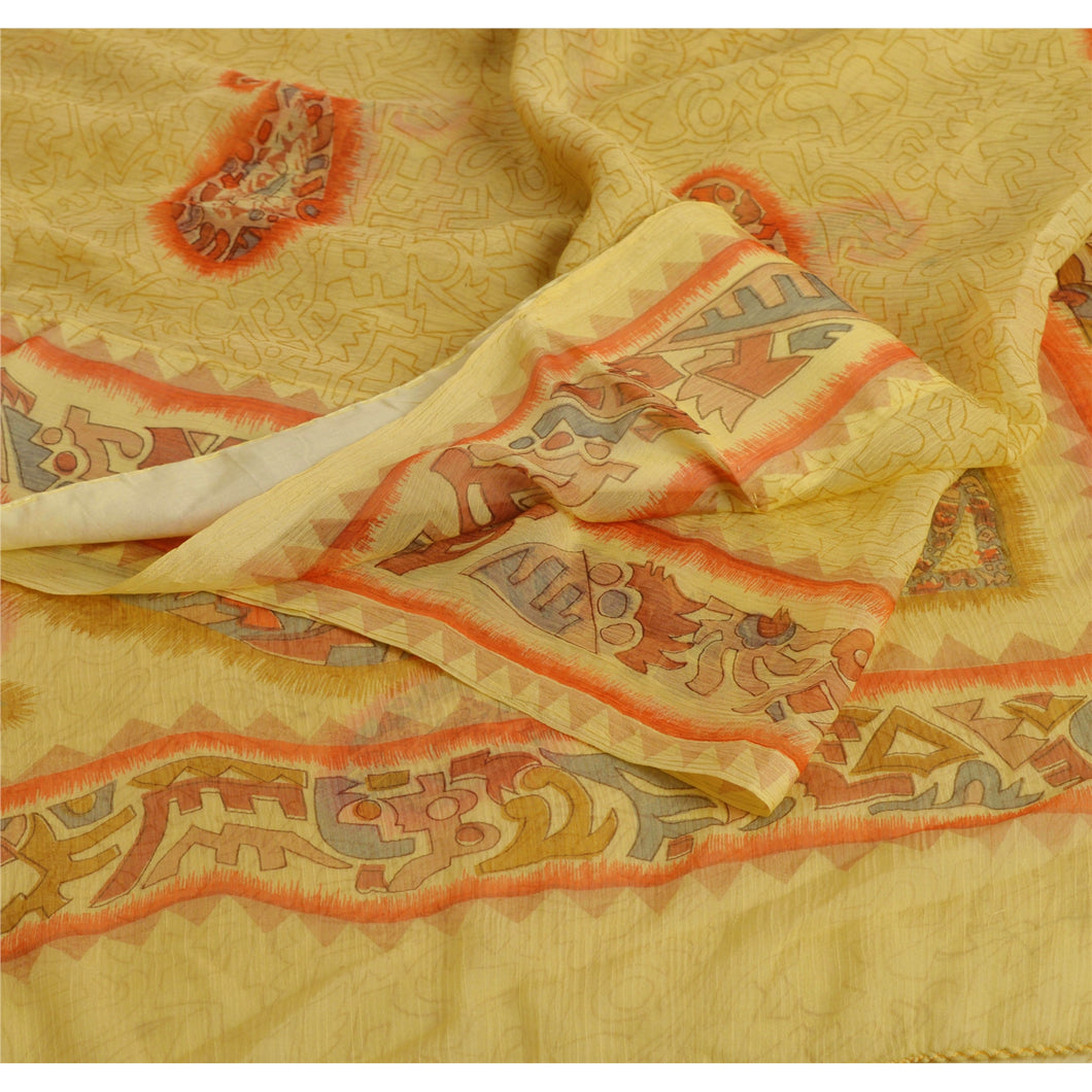 Sanskriti Vintage Yellow Saree Printed Chiffon Sari Craft Decor 5 Yard Fabric