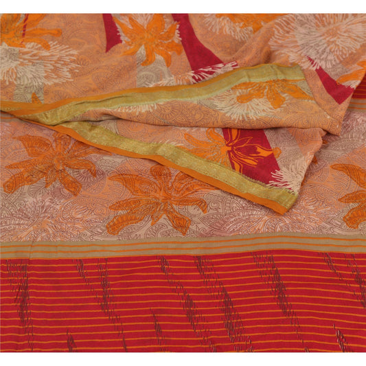 Sanskriti VintageRed Saree Pure Silk Printed Zari Border Sari Craft Soft Sustainable Fabric