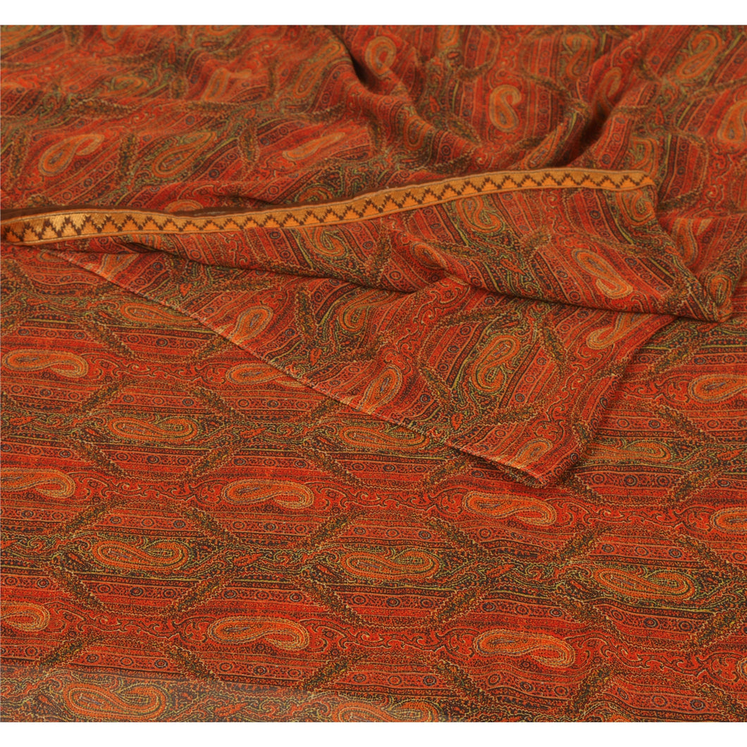 Sanskriti Vintage Orange Saree Georgette Printed Sari Craft 5 Yd Decor Fabric
