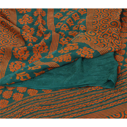 Sanskriti Vintage Green Saree Blend Georgette Printed Sari Craft 5 Yard Sustainable Fabric