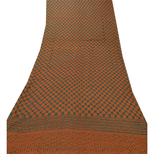 Sanskriti Vintage Green Saree Blend Georgette Printed Sari Craft 5 Yard Sustainable Fabric