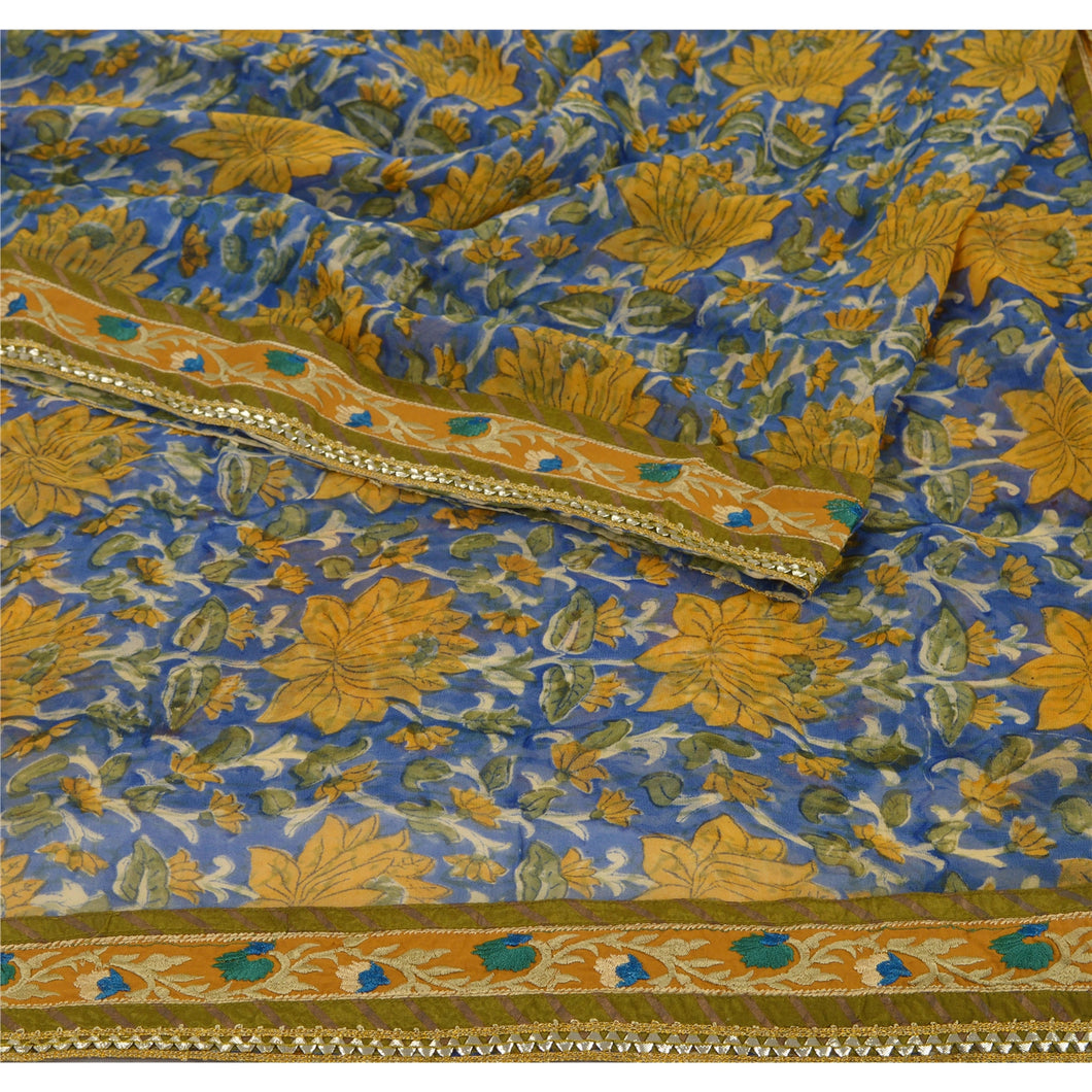 Sanskriti Vintage Blue Saree Blend Georgette Printed Sari Craft Soft 5 Yd Fabric