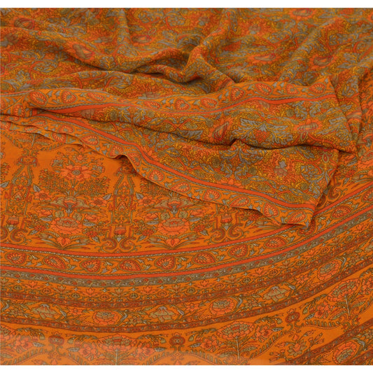 Sanskriti Vintage Orange Saree Georgette Printed Sari Craft 5Yd Decor Sustainable Fabric