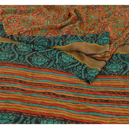 Sanskriti Vintage Saffron Saree Pure Georgette Silk Printed Sari Craft Sustainable Fabric