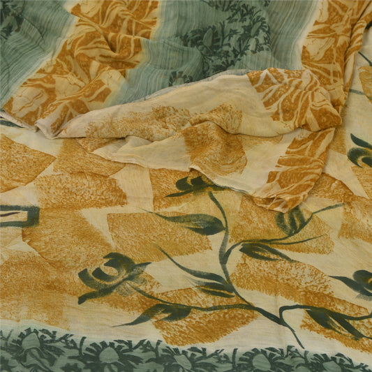 Sanskriti Vintage Cream Saree Blend Georgette Printed Sari 5 Yard Craft Sustainable Fabric