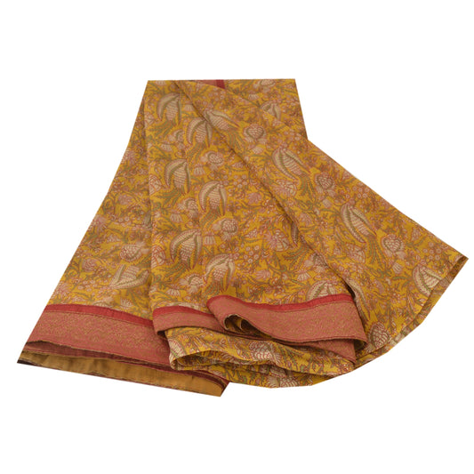 Sanskriti Vintage Yellow Sarees Georgette Printed Indian Sari 5 YD Craft Sustainable Fabric