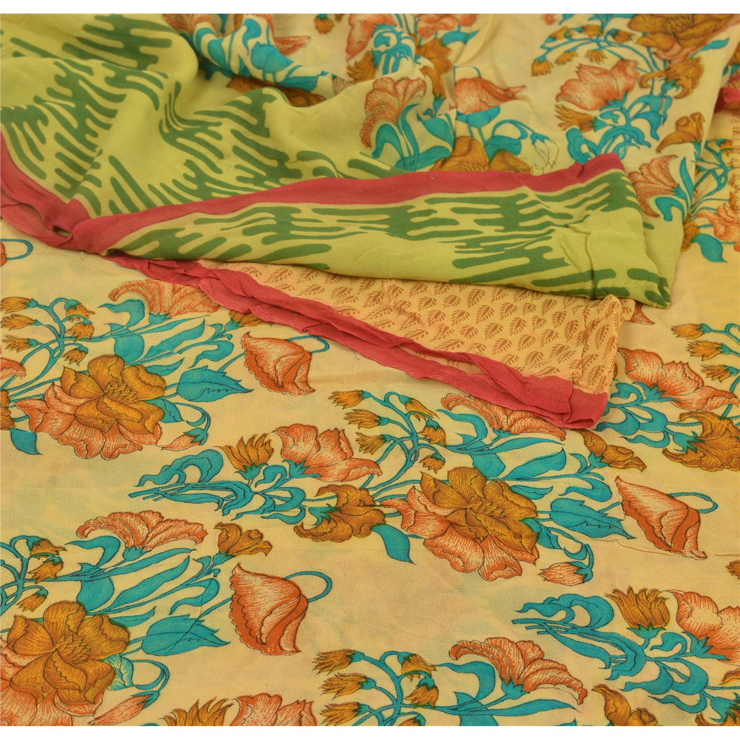 Sanskriti Vintage Cream Saree Blend Georgette Printed Sari 5 Yard Craft Fabric