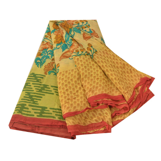 Sanskriti Vintage Cream Saree Blend Georgette Printed Sari 5 Yard Craft Sustainable Fabric