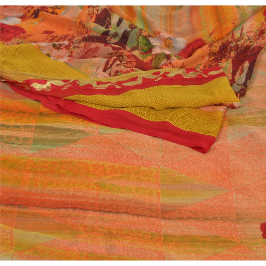 Sanskriti Vintage Peach Sarees Georgette Printed Sari 5 Yard Craft Decor Sustainable Fabric