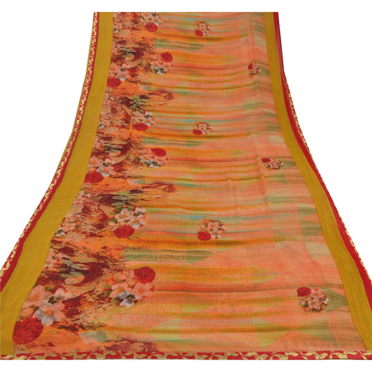 Sanskriti Vintage Peach Sarees Georgette Printed Sari 5 Yard Craft Decor Sustainable Fabric