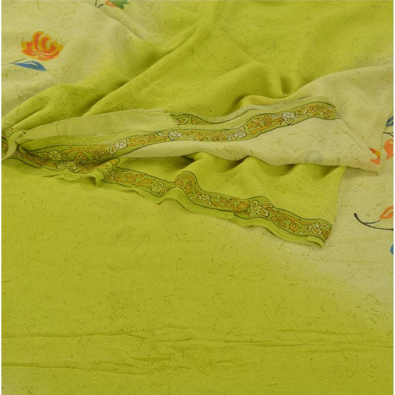Sanskriti Vintage Bollywood Printed Sari Pure Georgette Silk Sustainable Fabric Green Saree