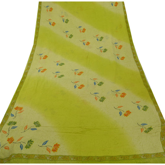 Sanskriti Vintage Bollywood Printed Sari Pure Georgette Silk Sustainable Fabric Green Saree