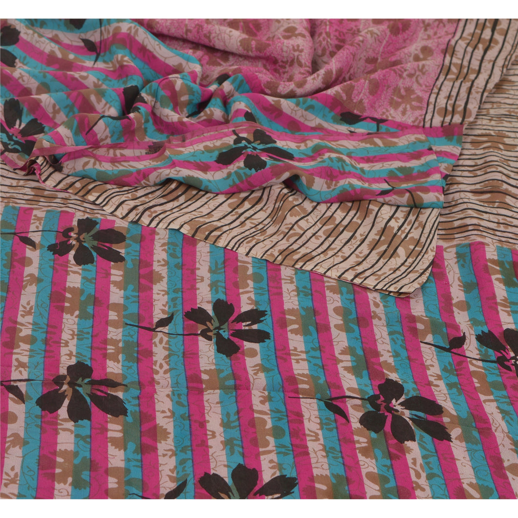 Sanskriti Vintage Pink Saree 100% Pure Georgette Silk Printed Sari Craft Fabric