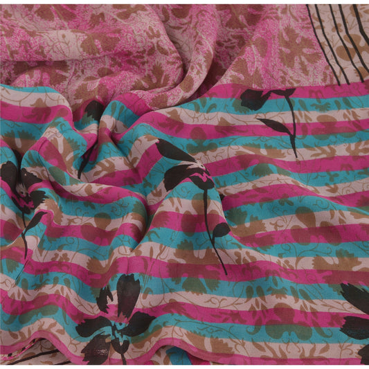 Sanskriti Vintage Pink Sari 100% Ren Georgette Silke Trykt Sari Håndværksmæssigt Bæredygtigt Stoff
