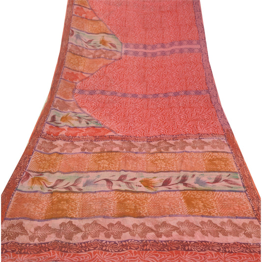 Sanskriti Vintage Red Saree Blend Georgette Printed Sari 5 Yd Craft Soft Sustainable Fabric