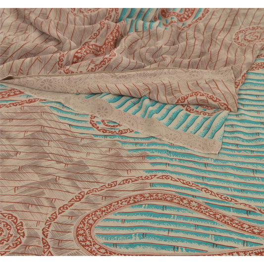 Sanskriti Vintage Bollywood Printed Sari Pure Georgette Silk Sustainable Fabric Green Saree