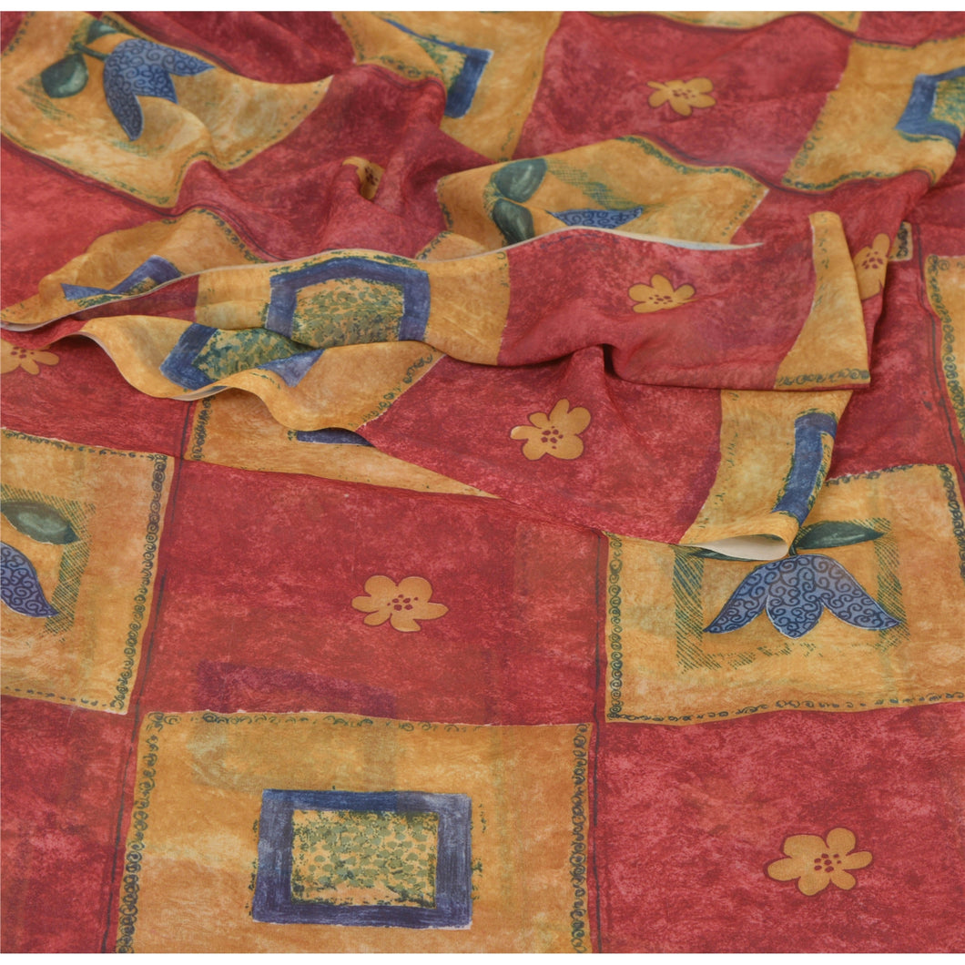 Sanskriti Vintage Red Saree Georgette Printed Sari 5 Yard Craft 5Yd Fabric