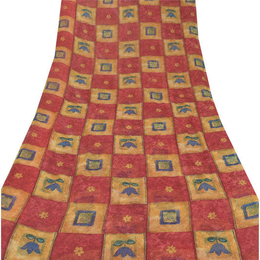 Sanskriti Vintage Red Saree Georgette Printed Sari 5 Yard Craft 5Yd Sustainable Fabric