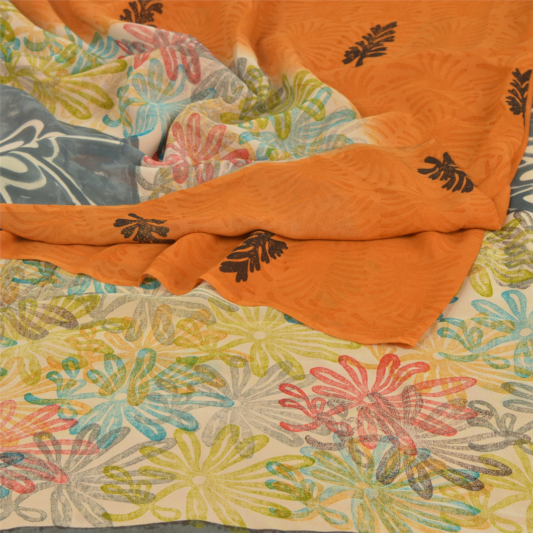 Sanskriti Vintage Orange Saree Pure Georgette Silk Printed Sari Craft Fabric