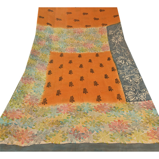 Sanskriti Vintage Orange Saree Pure Georgette Silk Printed Sari Craft Sustainable Fabric