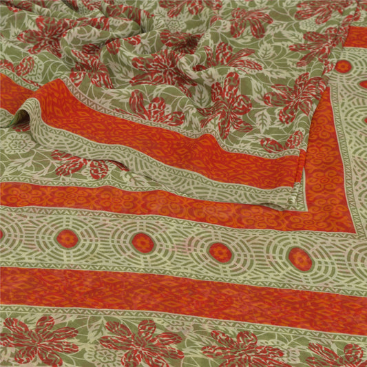 Sanskriti Vintage Green Indian Sari Georgette Printed Sarees Craft 5 Yard Sustainable Fabric