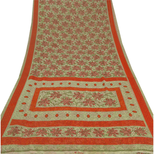 Sanskriti Vintage Green Indian Sari Georgette Printed Sarees Craft 5 Yard Sustainable Fabric