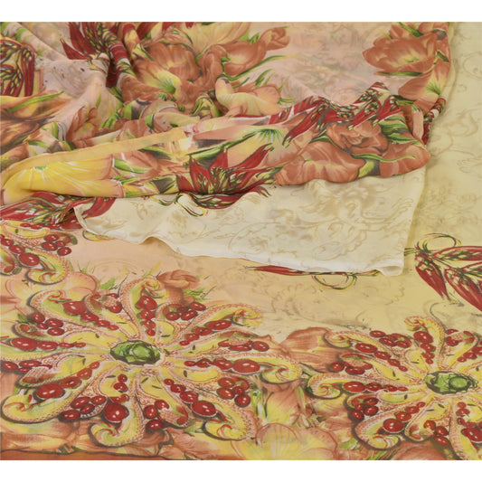 Sanskriti Vintage Cream Digital Printed Saree Georgette Sari 5 Yard Craft Sustainable Fabric