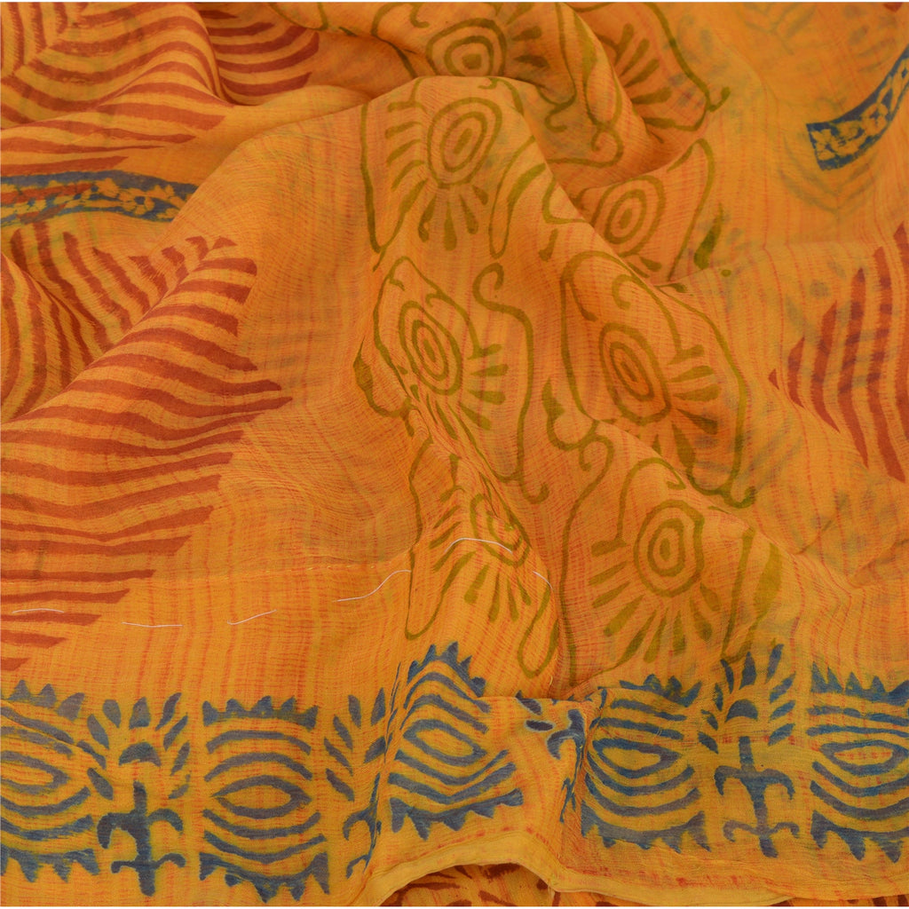 Sanskriti Vintage Sari 100% Pure Georgette Silk Yellow Floral Printed Saree 6Yd Craft Fabric Boho Quilting Material For DIY Projects