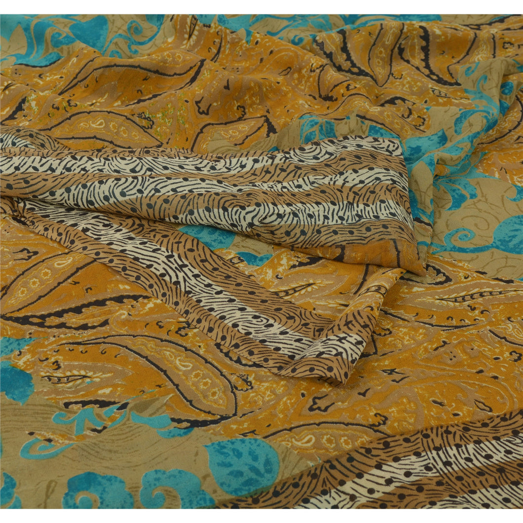 Sanskriti Vintage Green Printed Saree Pure Georgette Silk Sari 5Yd Craft Fabric