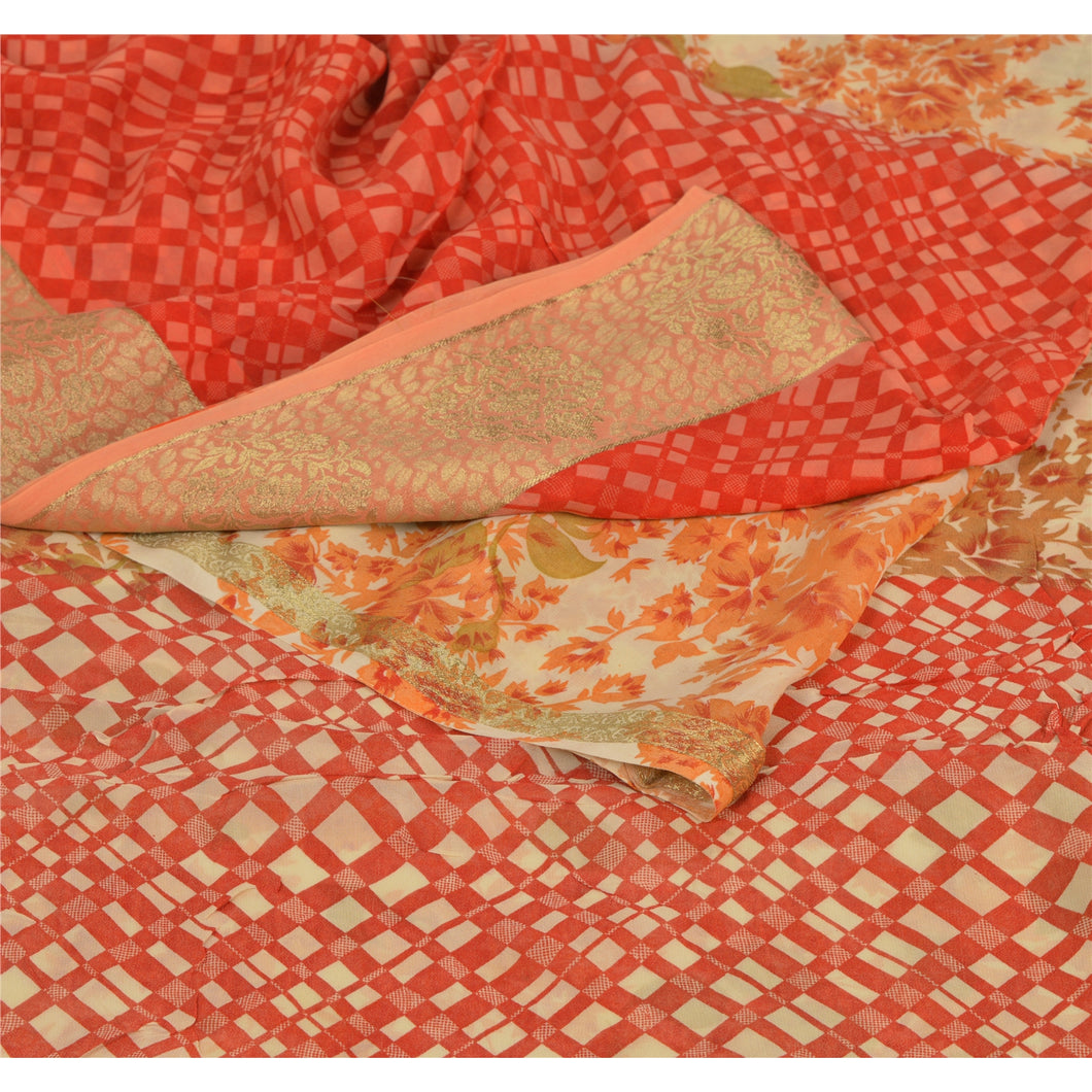 Sanskriti Vintage Cream Saree Blend Georgette Printed Sari 5Yd Craft Fabric