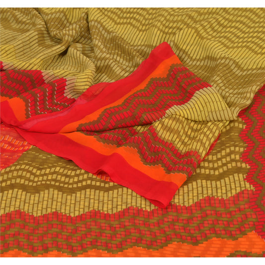 Sanskriti Vintage Green Saree Georgette Printed Sari 5 Yard Craft Sustainable Fabric