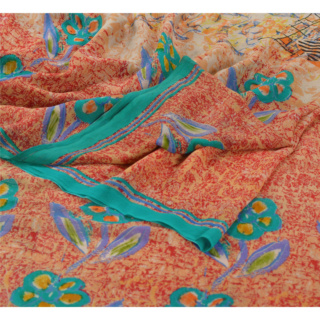 Sanskriti Vintage Red Saree Pure Georgette Silk Printed Sari 5Yd Craft Fabric