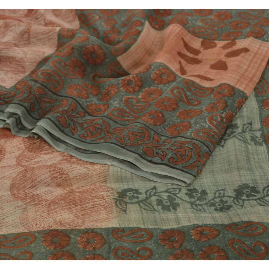 Sanskriti Vintage Green Saree Blend Georgette Printed Sari 5 Yard Craft Fabric