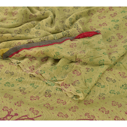 Sanskriti Vintage Green Saree Georgette Printed Sari 5 Yard Craft Decor Sustainable Fabric