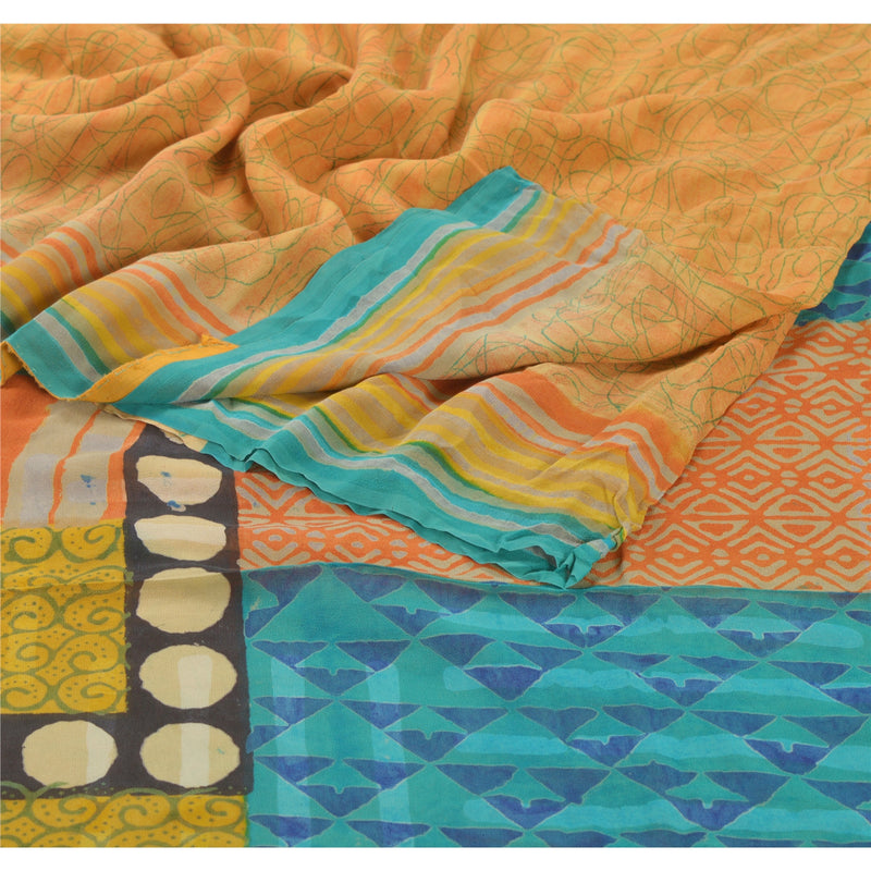 Sanskriti Vintage Peach Saree Pure Georgette Silk Printed Sari 5Yd Craft Sustainable Fabric