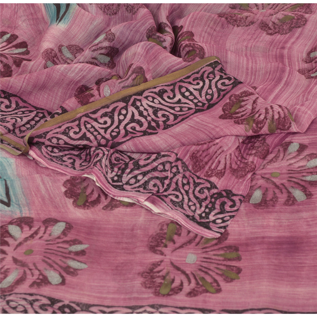 Sanskriti Vintage Pink Saree Blend Georgette Printed Sari 5 Yard Craft Fabric