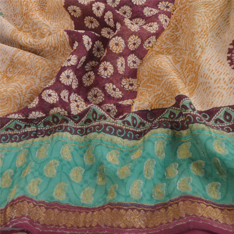 Sanskriti Vintage Saree Multicolor 100% Pure Georgette Silk 5.5+Yd Saree Paisley Printed Woven Sari Home Decor, Sewing, DIY Projects