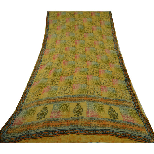 Sanskriti Vintage Green Saree Blend Georgette Printed Sari 5 Yard Craft Sustainable Fabric