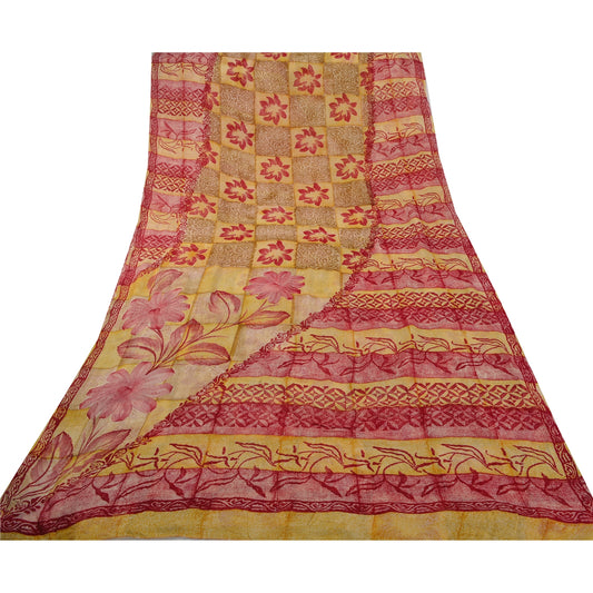 Sanskriti Vintage Yellow Sarees Blend Georgette Printed Sari 5 YD Craft Sustainable Fabric