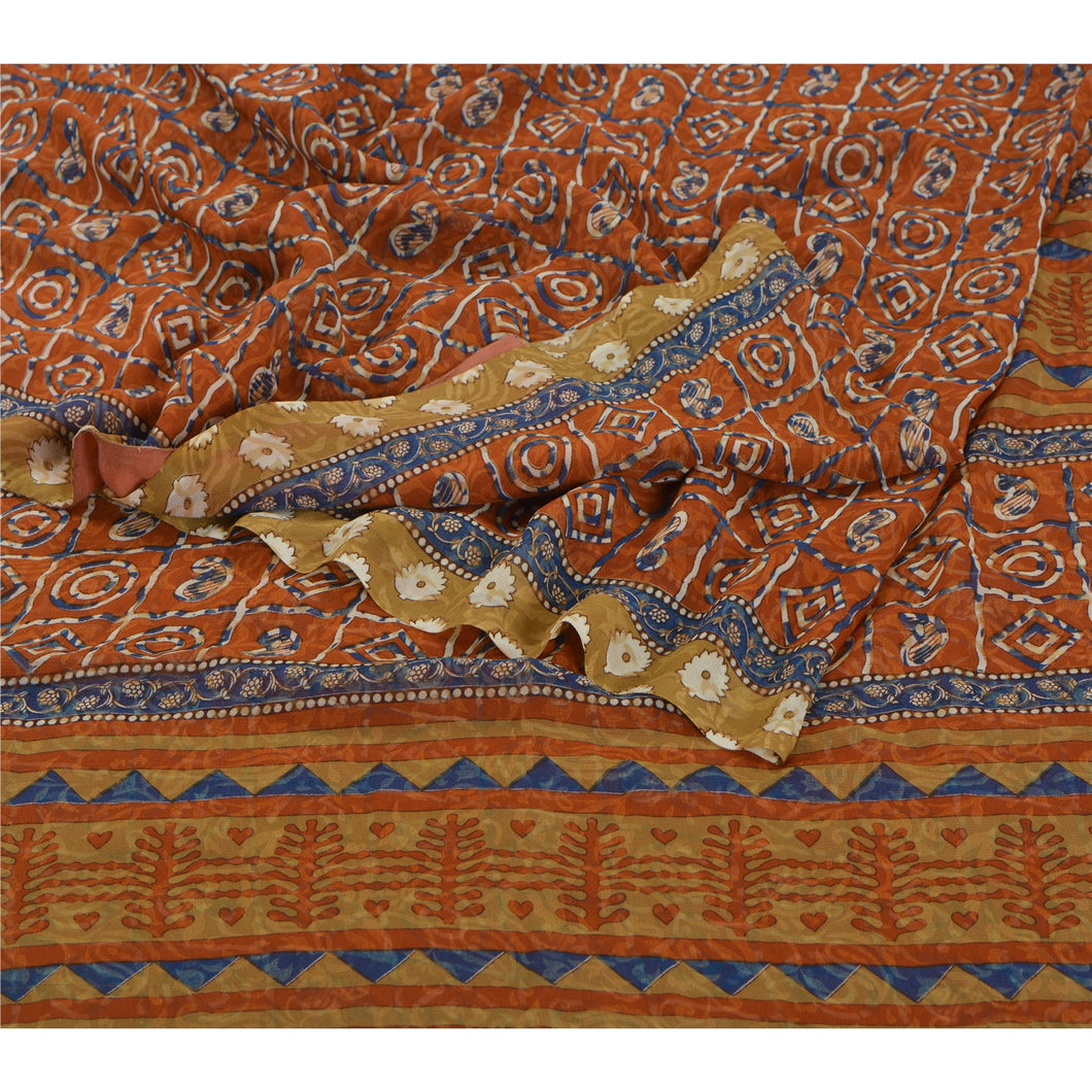Sanskriti Vinatage Sanskriti Vintage Indian Sari Orange Georgette Printed Sarees Craft 5 YD Fabric