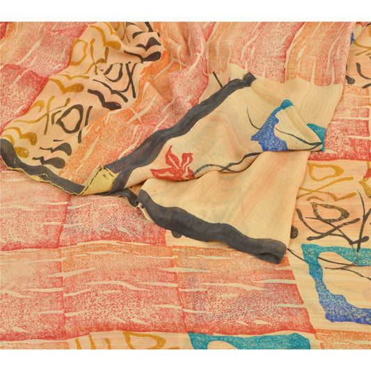 Sanskriti Vintage Peach Bollywood Printed Sari Pure Georgette Silk Sustainable Fabric Saree