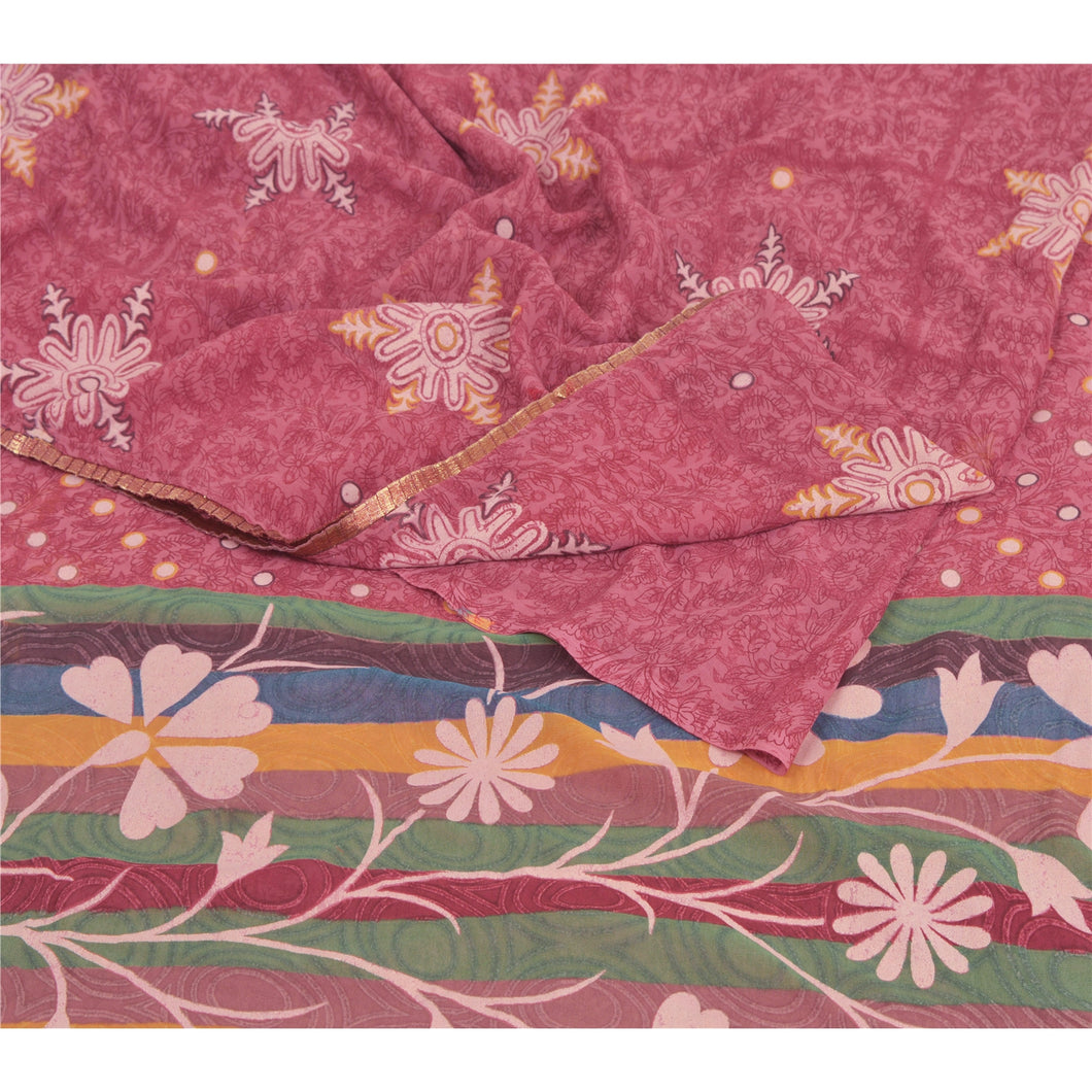 Sanskriti Vintage Purple Saree Georgette Printed Sari 5 Yard Craft Decor Fabric