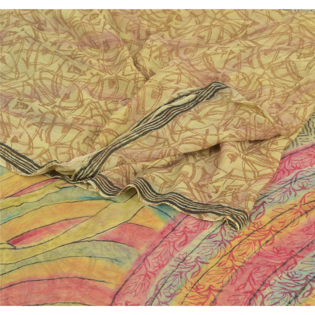 Sanskriti Vintage Green Saree Blend Georgette Printed Sari 5Yd Craft Soft Fabric