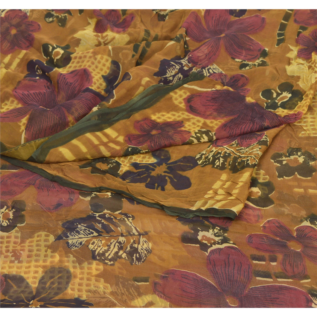 Sanskriti Vintage Brown Sarees Blend Georgette Printed Indian Sari Craft Fabric