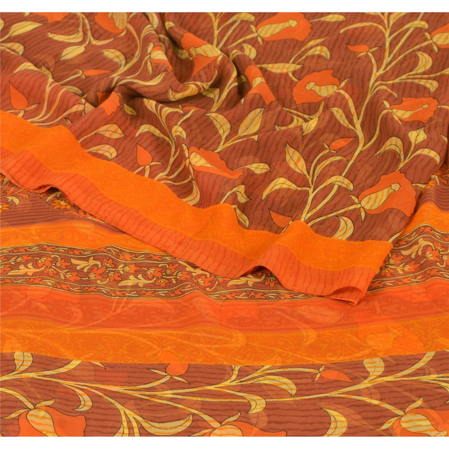 Sanskriti Vintage Brown Sarees Georgette Printed Indian Sari 5 Yard Craft Sustainable Fabric