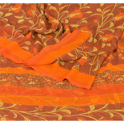 Sanskriti Vintage Brown Sarees Georgette Printed Indian Sari 5 Yard Craft Sustainable Fabric