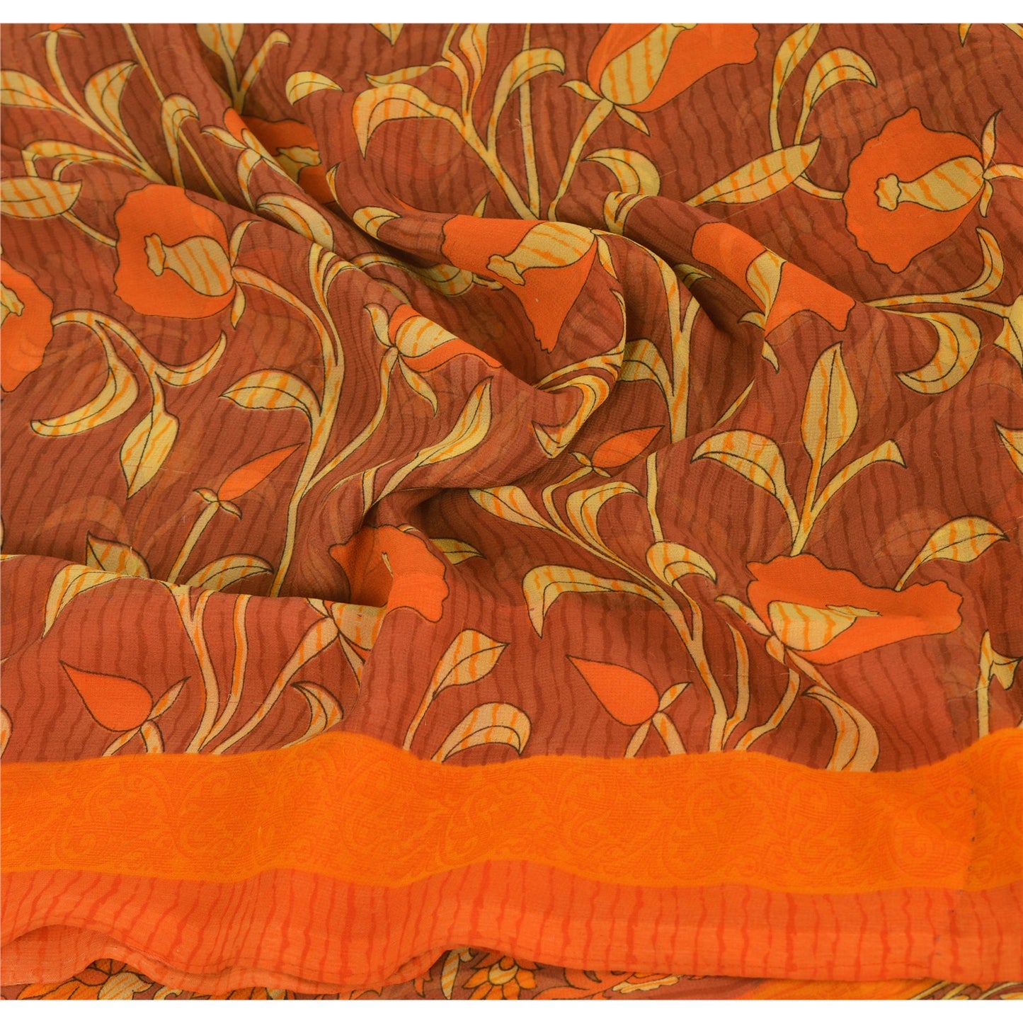 Sanskriti Vintage Brown Sarees Georgette Printed Indian Sari 5 Yard Craft Sustainable Fabric