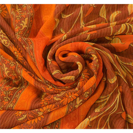 Sanskriti Vintage Brown Sarees Georgette Printed Indian Sari 5 Yard Craft Sustainable Fabric